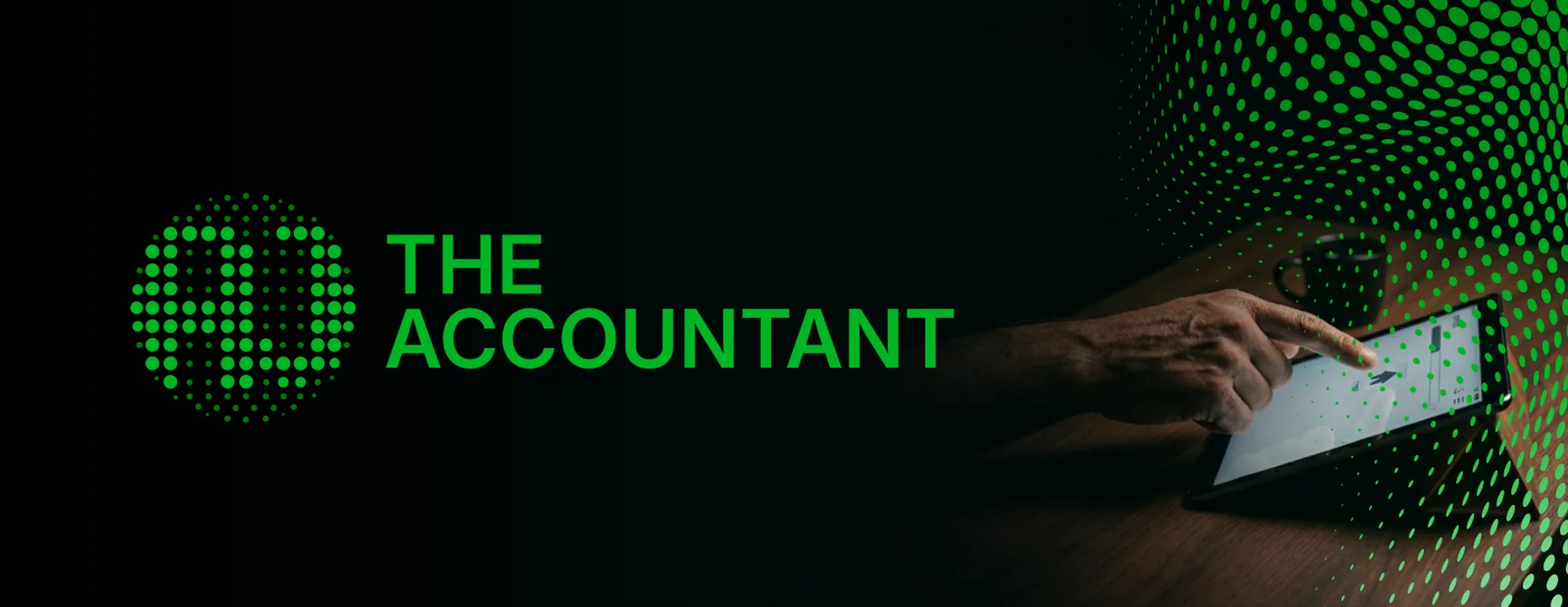 AJ The Accountant: logo on a dark background with a green dot texture