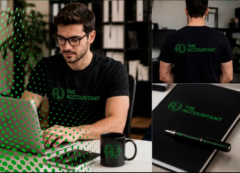 AJ The Accountant: brand applied to a t-shirt, mug, and notebook