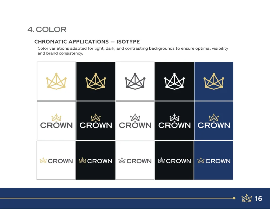 Crown brand book: logo color applications on light, dark, and navy