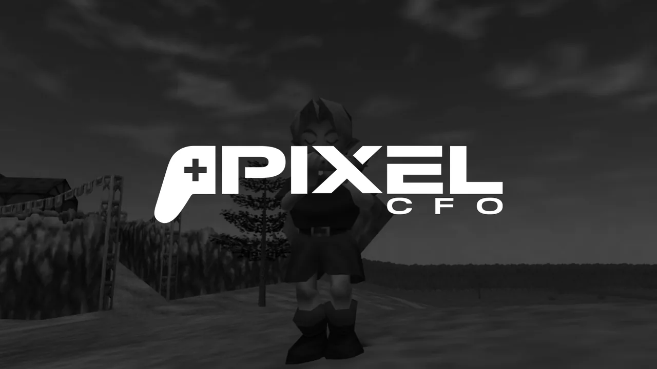 Pixel CFO: logo over a retro game scene