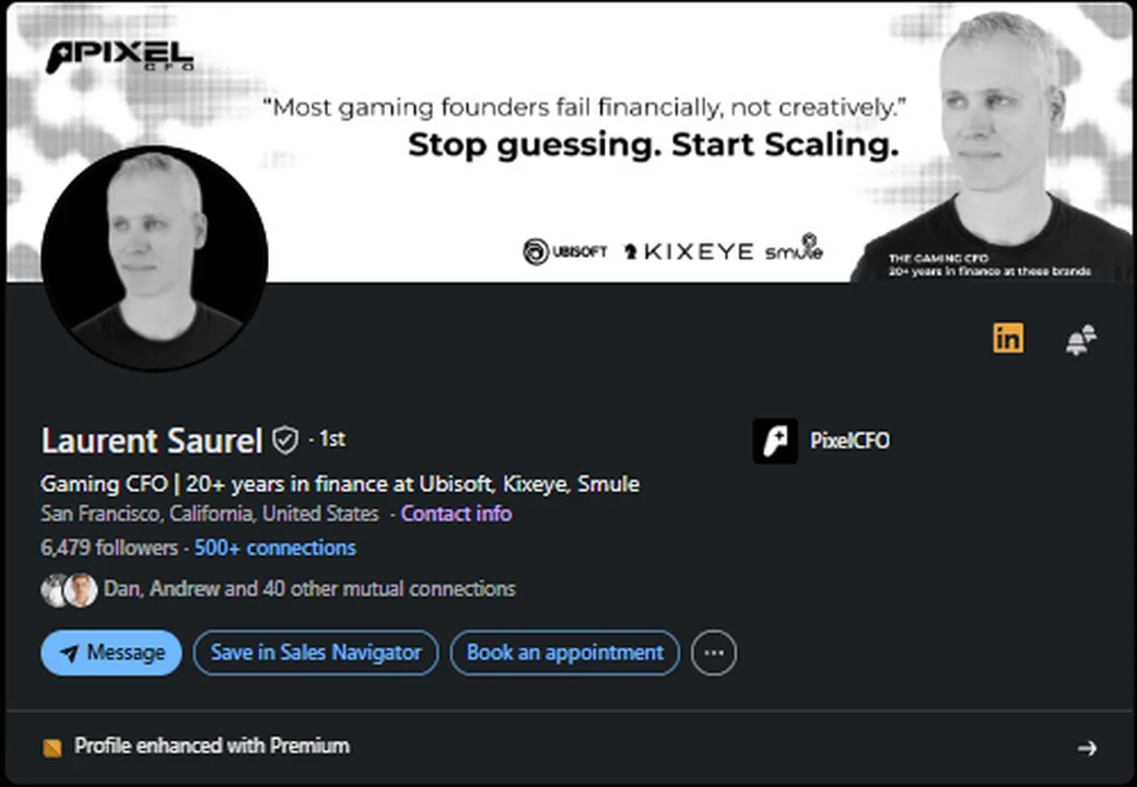 Laurent Saurel's LinkedIn profile as Pixel CFO, the gaming CFO brand