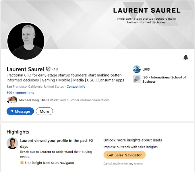 Laurent Saurel's LinkedIn profile as L90S, a generic startup CFO brand