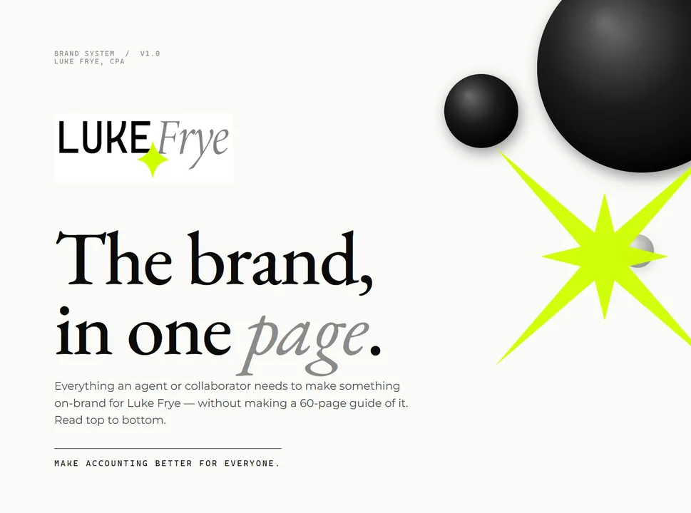 Luke Frye brand system: the brand, in one page