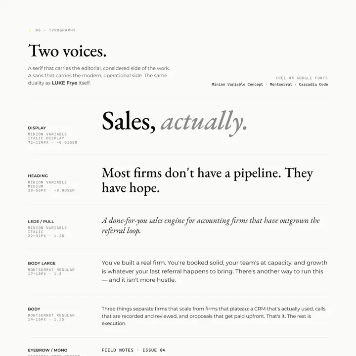 Luke Frye brand system: two typefaces