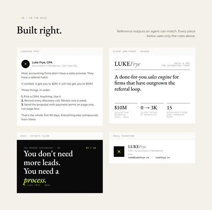 Luke Frye brand system: sample LinkedIn post and one-pager