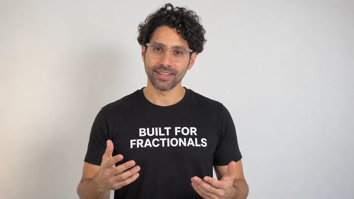 Eduardo Gamez, founder of Marketing for Fractionals, in a Built for Fractionals t-shirt