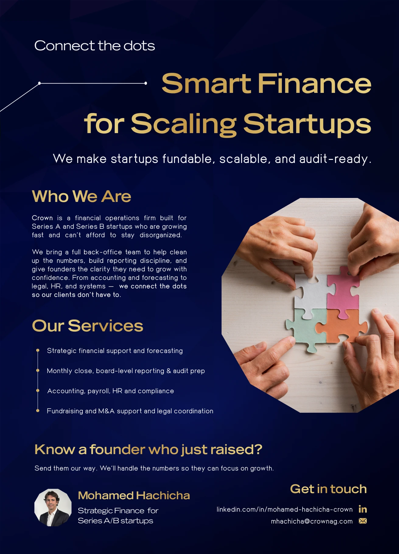 Crown one-pager: Smart Finance for Scaling Startups, with services and a founder referral ask