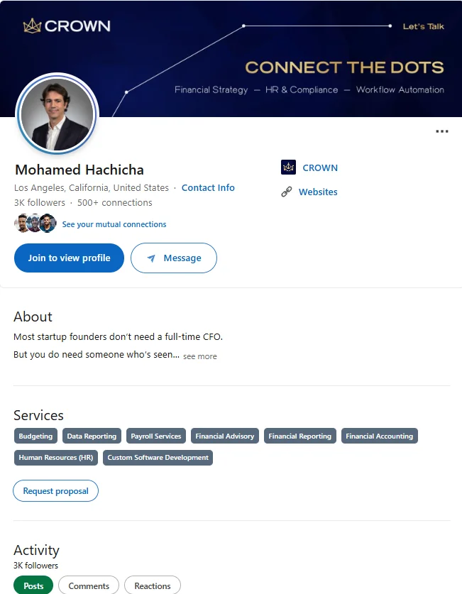 Mohamed Hachicha LinkedIn profile after: branded Crown banner, services listed, 3K followers