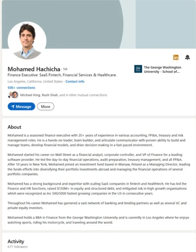 Mohamed Hachicha LinkedIn profile before: generic headline, default banner, 677 followers